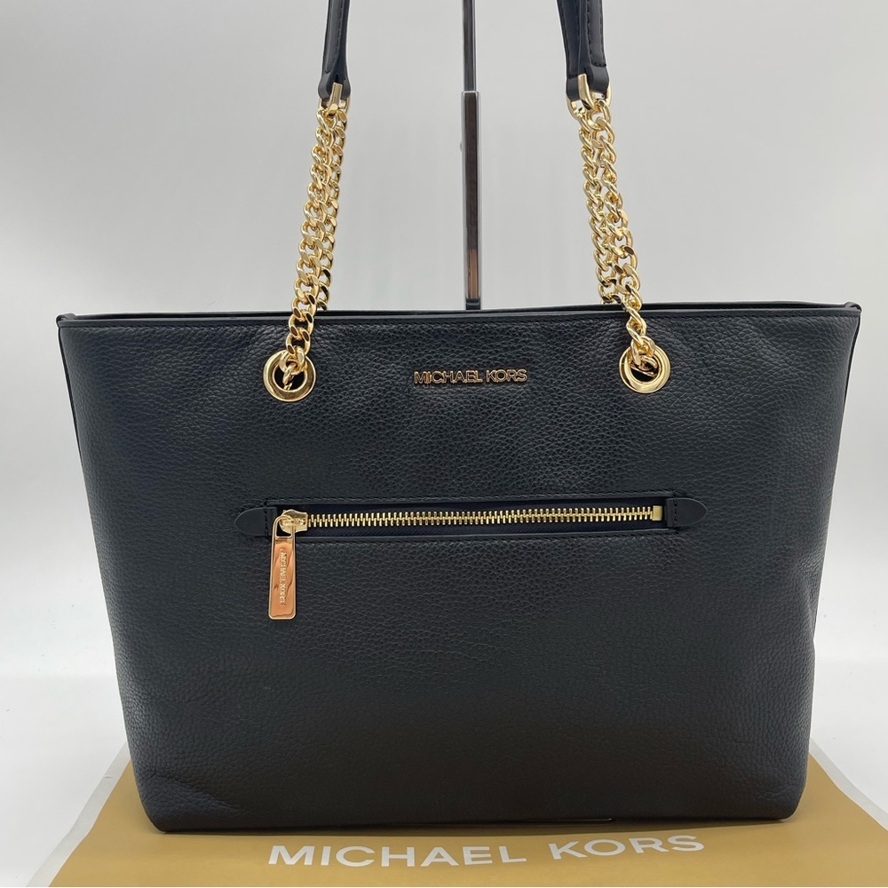 Michael Kors Jet Set Medium Front Zip Pocket Chain Top Zip Tote Bag Black